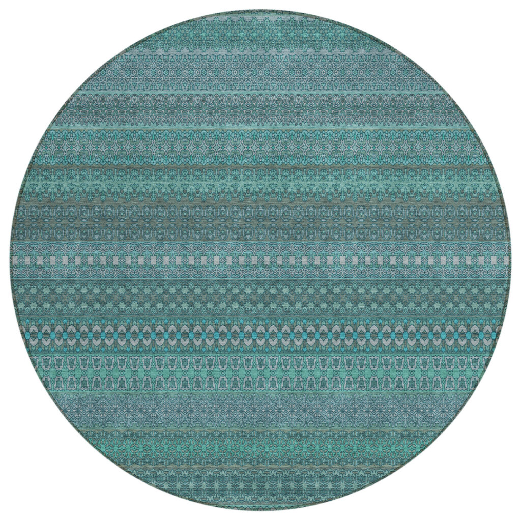 8' Round Turquoise Round Striped Washable Non Skid Indoor Outdoor Area Rug