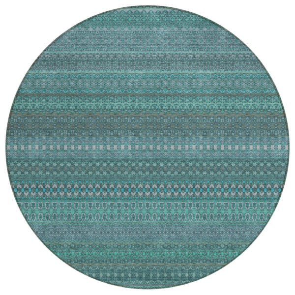 8' Round Turquoise Round Striped Washable Non Skid Indoor Outdoor Area Rug