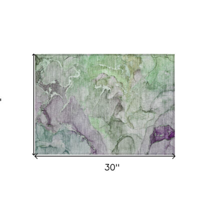 2' X 3' Green and Purple Abstract Washable Indoor Outdoor Area Rug