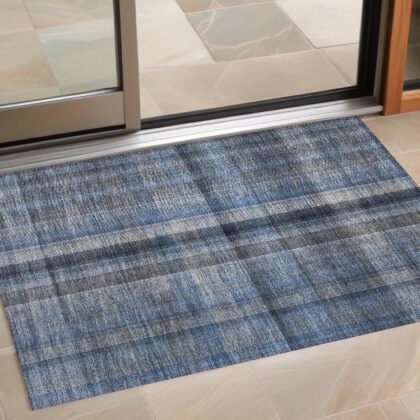 2' X 3' Blue Plaid Washable Non Skid Indoor Outdoor Area Rug