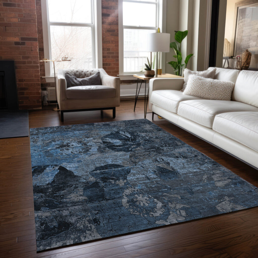 8' X 10' Blue and Dark Blue Floral Washable Non Skid Indoor Outdoor Area Rug