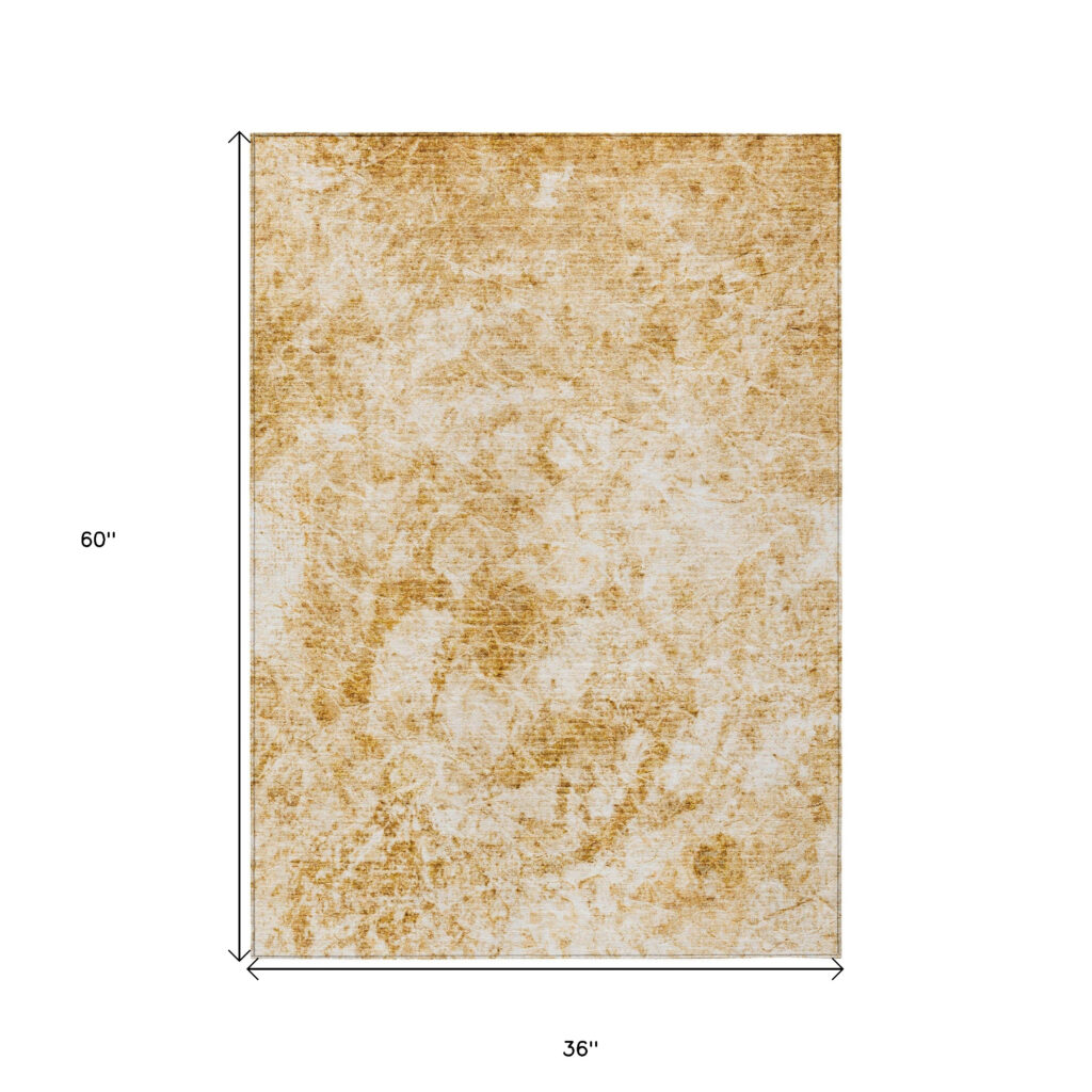3' X 5' Cream and Gold Abstract Washable Non Skid Indoor Outdoor Area Rug