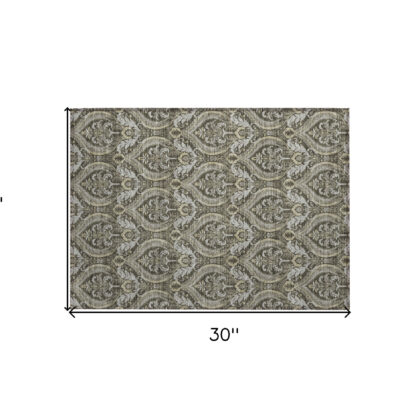 2' X 3' Taupe and Beige Damask Washable Non Skid Indoor Outdoor Area Rug
