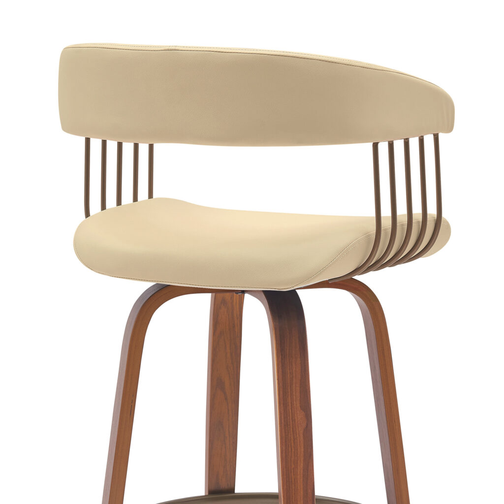 26" Cream And Wood Brown Faux Leather Swivel Counter Height Bar Chair