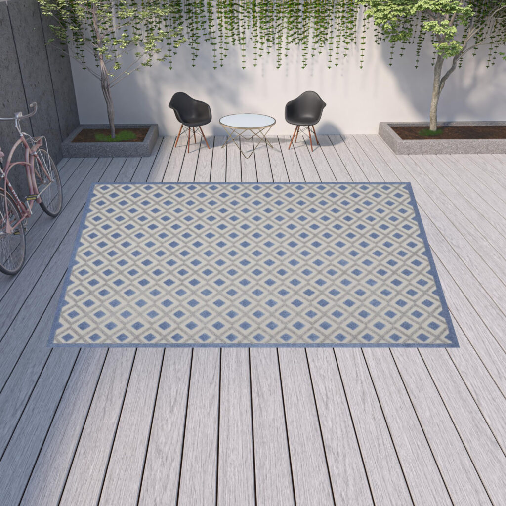 12' X 15' Blue And Grey Gingham Non Skid Indoor Outdoor Area Rug