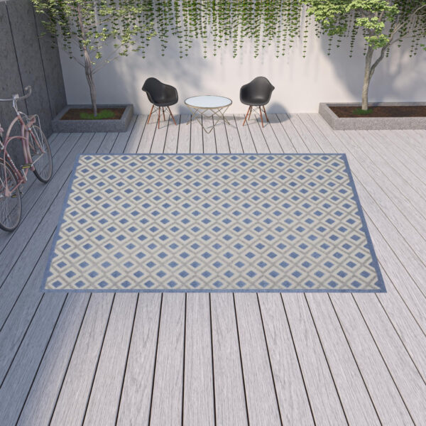 12' X 15' Blue And Grey Gingham Non Skid Indoor Outdoor Area Rug