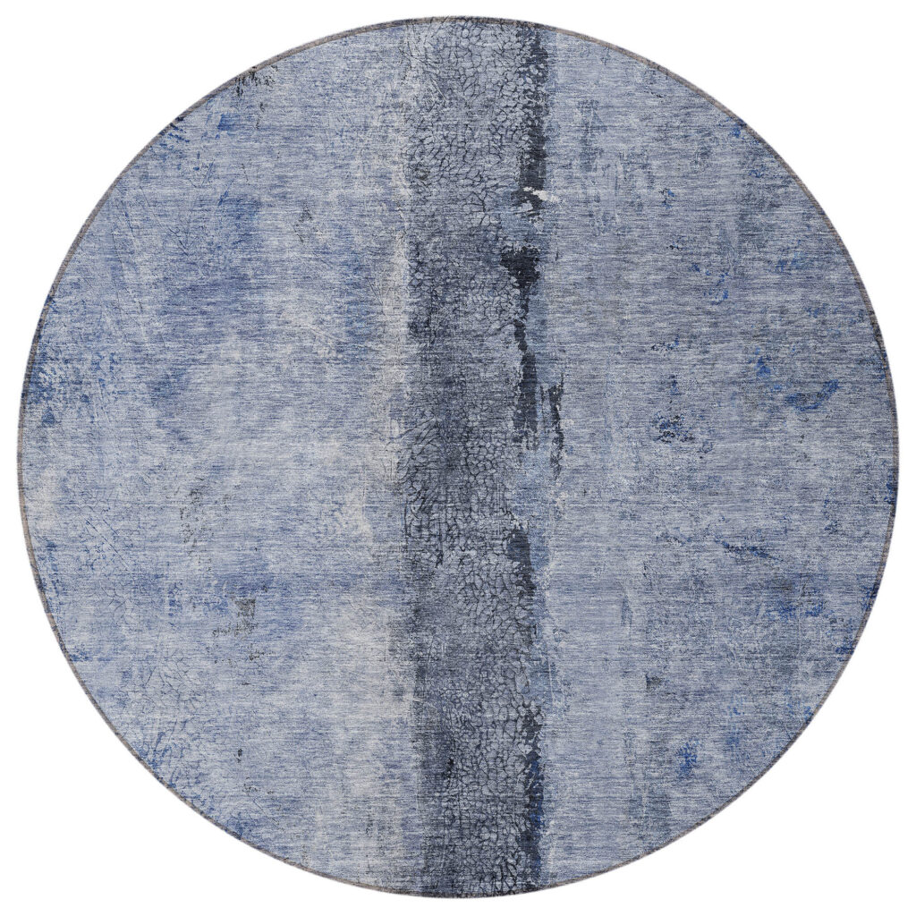 8' Denim Blue And Navy Blue Round Abstract Washable Indoor Outdoor Area Rug
