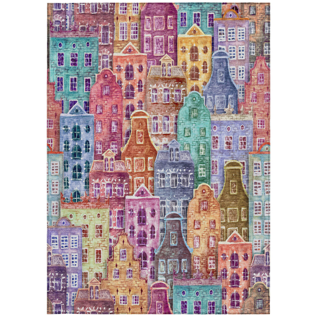 3' X 5' Red Gold And Teal Blue Village Houses Washable Indoor Outdoor Area Rug
