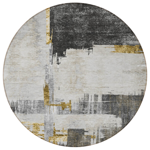 8' Gray And Tan Round Abstract Washable Indoor Outdoor Area Rug