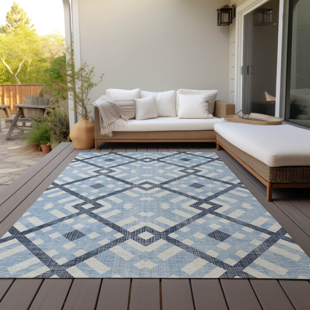 9' X 12' Sky Blue Navy Blue And Ivory Geometric Washable Indoor Outdoor Area Rug