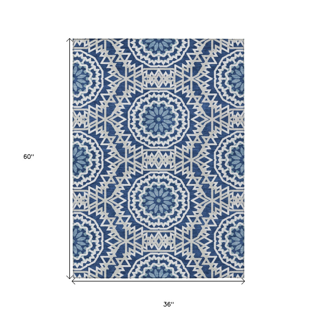 3' X 5' Navy Blue Ivory And Gray Floral Medallion Washable Indoor Outdoor Area Rug