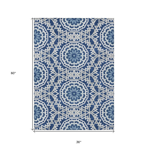 3' X 5' Navy Blue Ivory And Gray Floral Medallion Washable Indoor Outdoor Area Rug