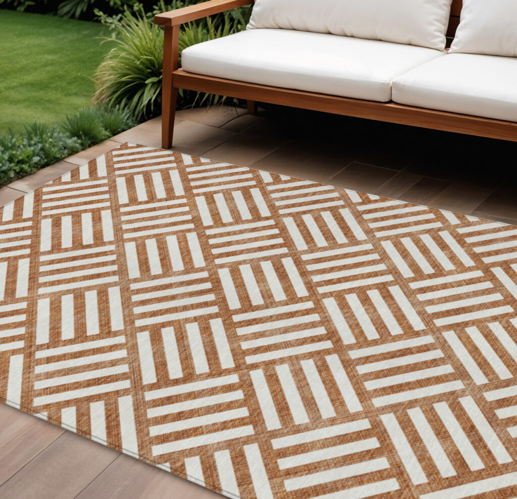 8' X 10' Orange And Ivory Geometric Washable Indoor Outdoor Area Rug