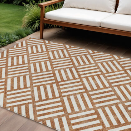 8' X 10' Orange And Ivory Geometric Washable Indoor Outdoor Area Rug