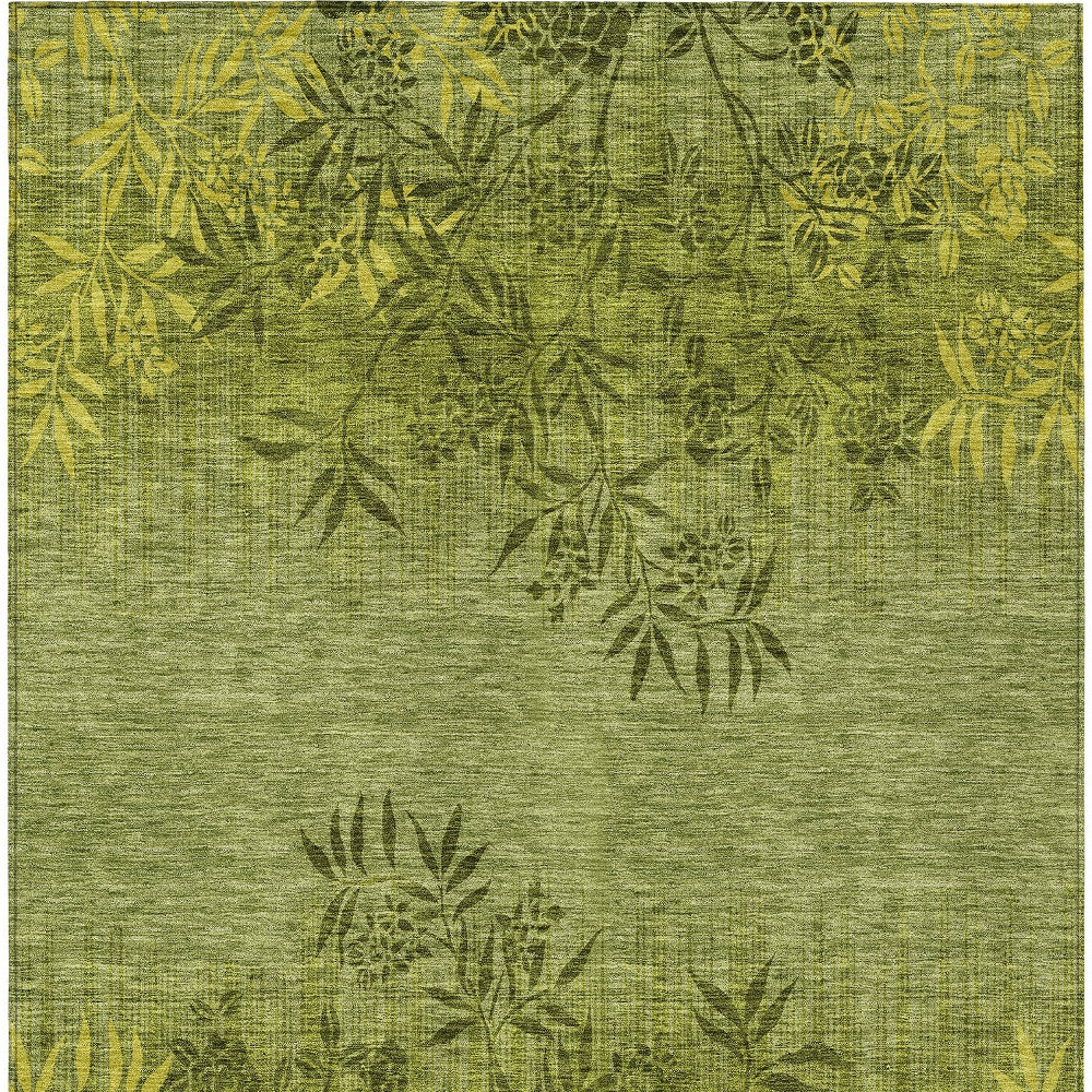 10' X 14' Olive Green And Fern Green Floral Washable Indoor Outdoor Area Rug