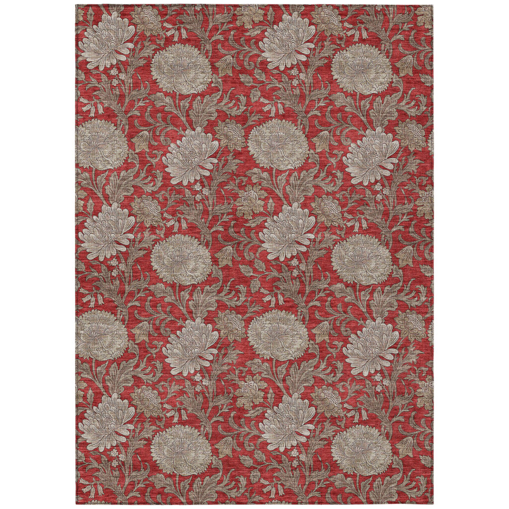 9' X 12' Red Taupe And Beige Floral Washable Indoor Outdoor Area Rug