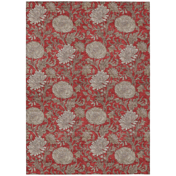 9' X 12' Red Taupe And Beige Floral Washable Indoor Outdoor Area Rug