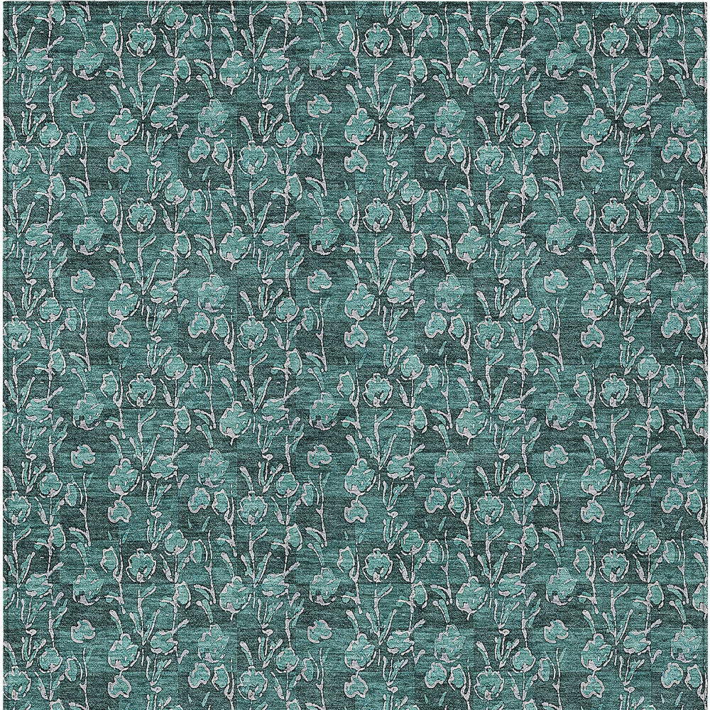 9' X 12' Teal Blue Aqua And Ivory Floral Washable Indoor Outdoor Area Rug