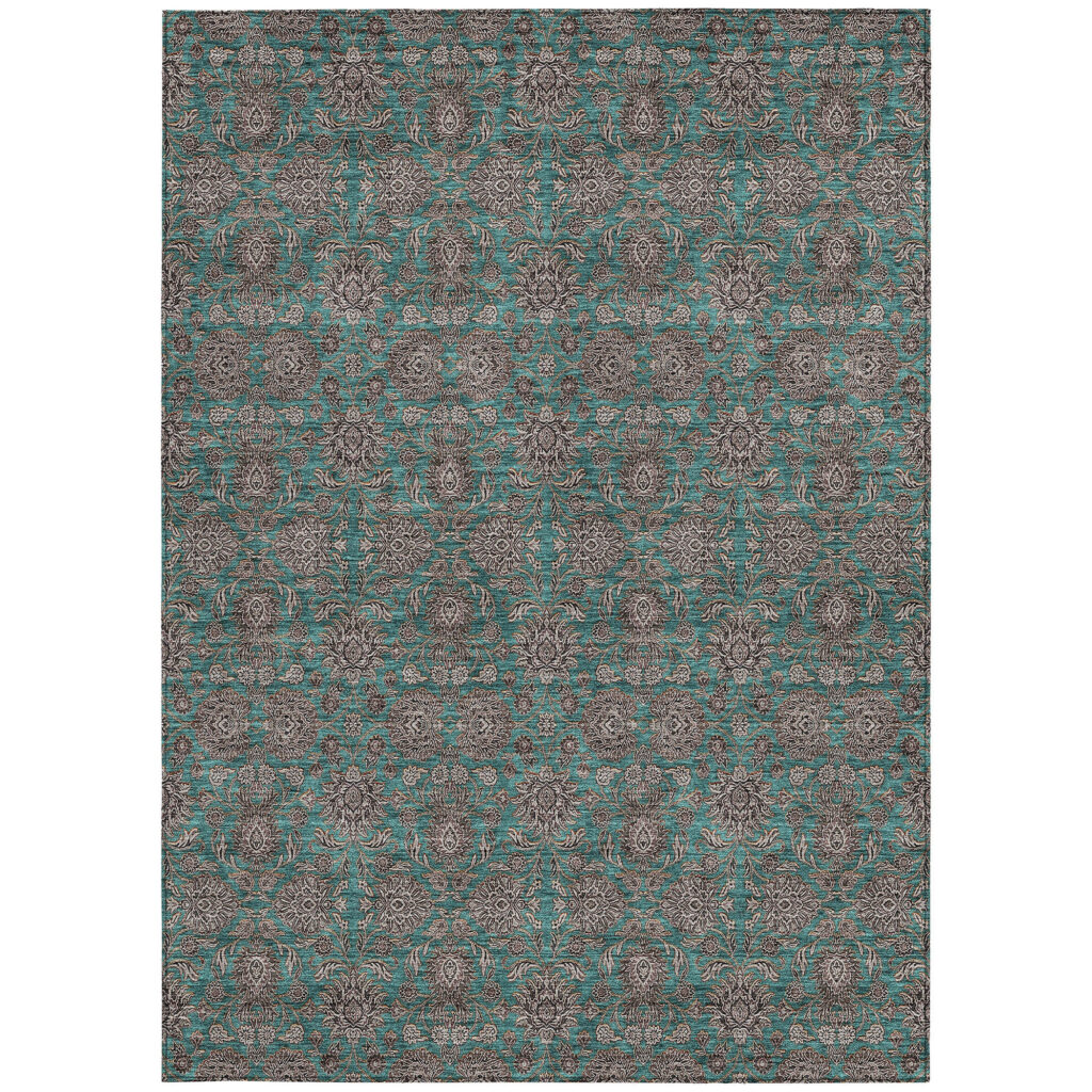 10' X 14' Teal Blue Beige And Taupe Floral Washable Indoor Outdoor Area Rug