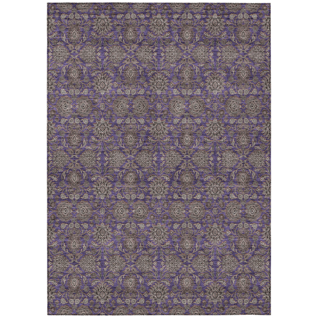5' X 8' Purple Beige And Taupe Floral Washable Indoor Outdoor Area Rug