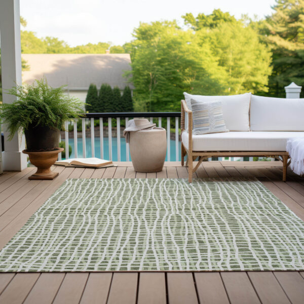 10' X 14' Green And Ivory Striped Washable Indoor Outdoor Area Rug