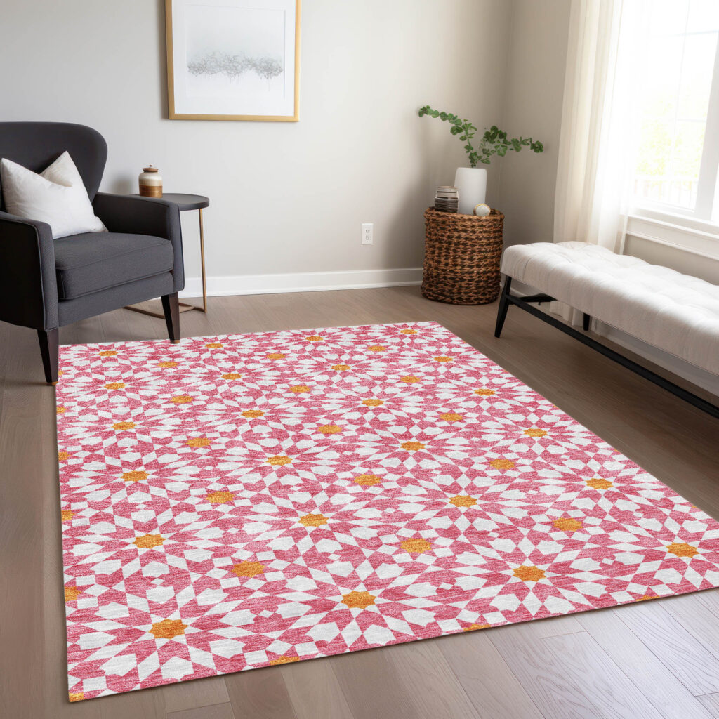 3' X 5' Pink Ivory And Orange Floral Medallion Washable Indoor Outdoor Area Rug