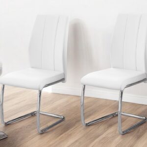 Set of Two White And Silver Upholstered Faux Leather Dining Side Chairs