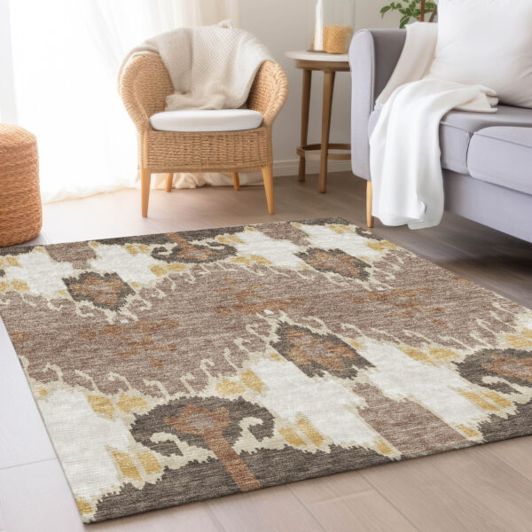 5' X 8' Brown Taupe And Beige Ikat Washable Indoor Outdoor Area Rug