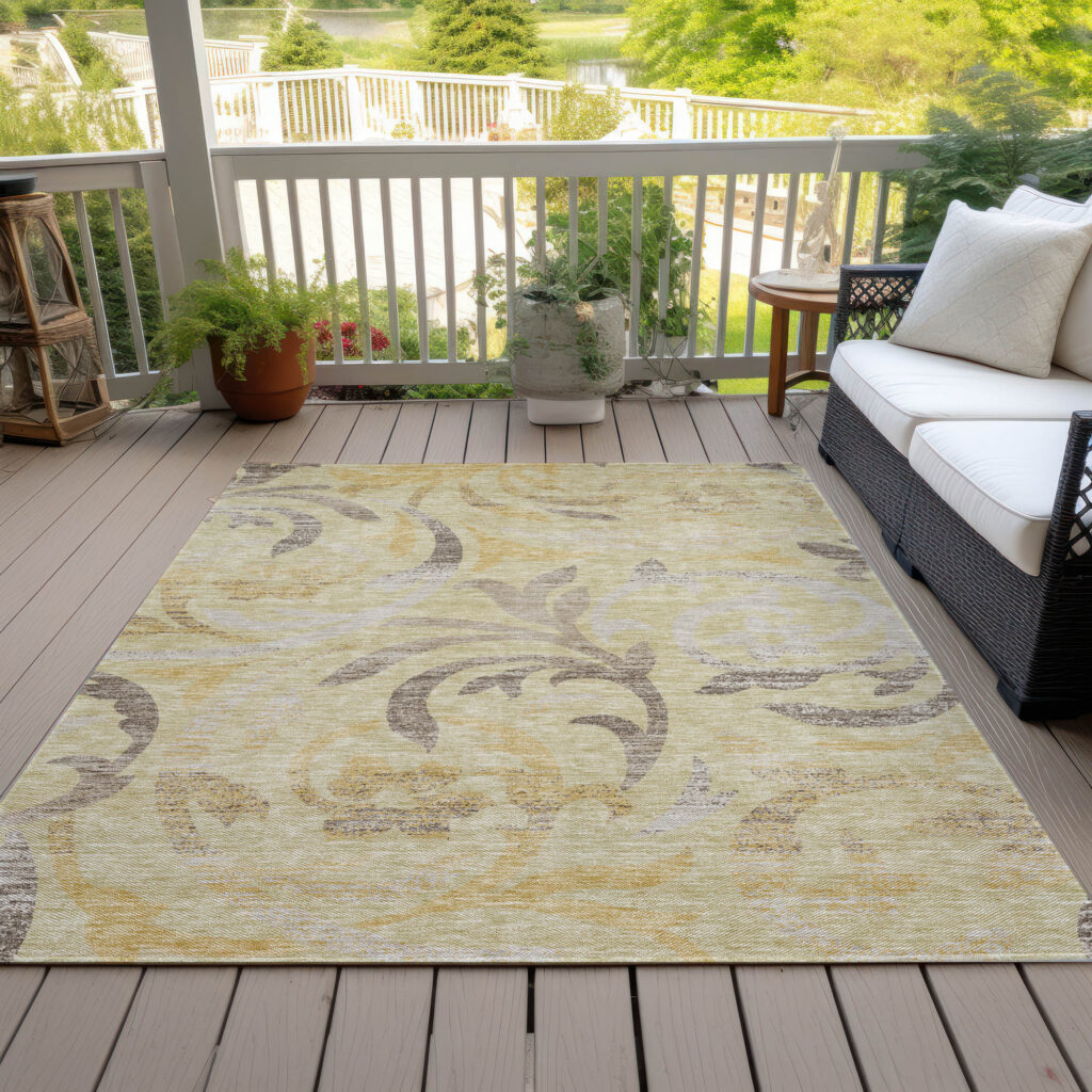 9' X 12' Gold Beige And Taupe Floral Washable Indoor Outdoor Area Rug