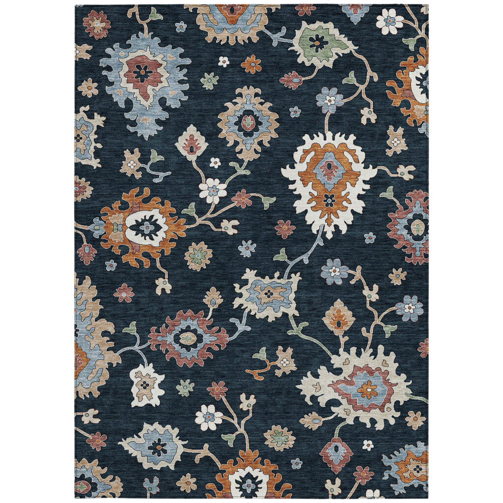 3' X 5' Black Blue And Ivory Floral Washable Indoor Outdoor Area Rug