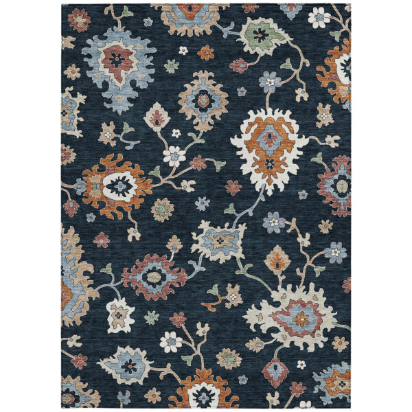 3' X 5' Black Blue And Ivory Floral Washable Indoor Outdoor Area Rug