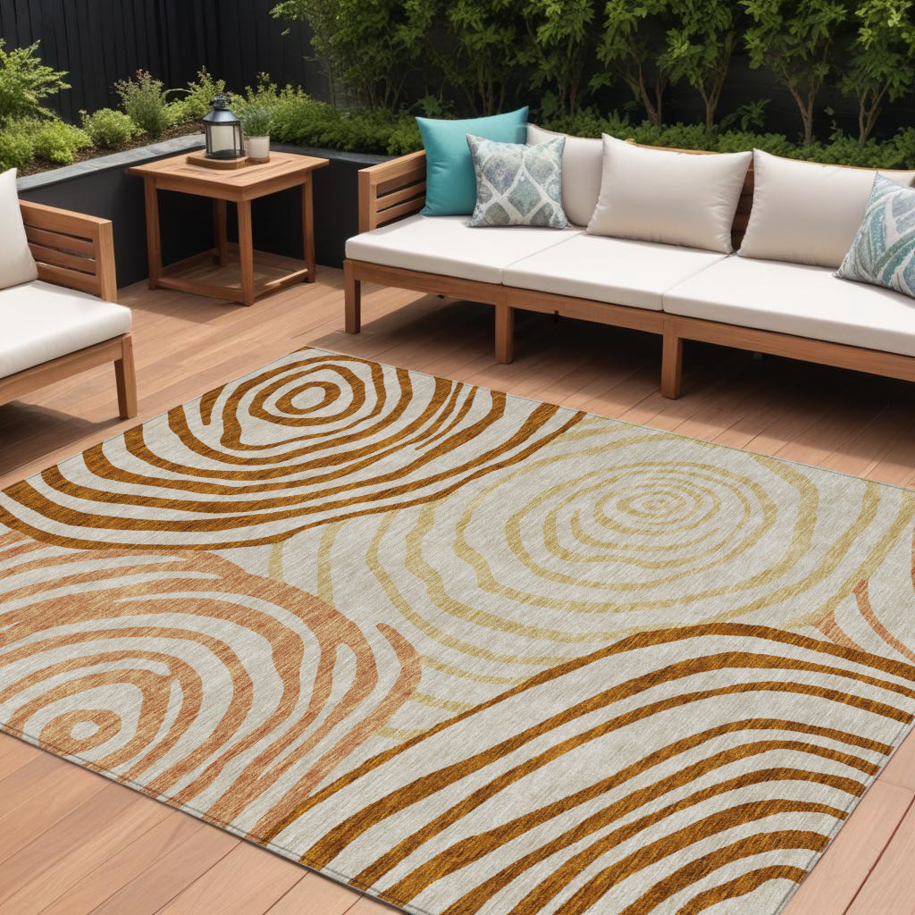 8' X 10' Terra Cotta Copper And Gold Abstract Washable Indoor Outdoor Area Rug