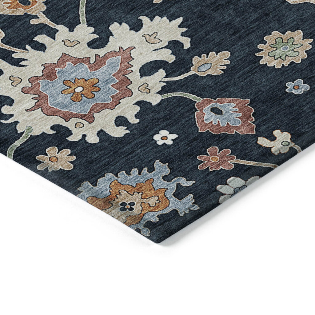 8' Black Blue And Ivory Round Floral Washable Indoor Outdoor Area Rug