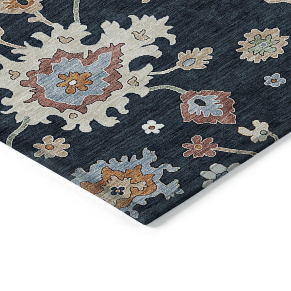 8' Black Blue And Ivory Round Floral Washable Indoor Outdoor Area Rug