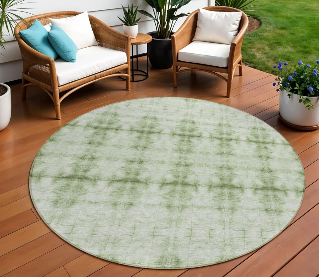 8' Sage And Green Round Geometric Washable Indoor Outdoor Area Rug