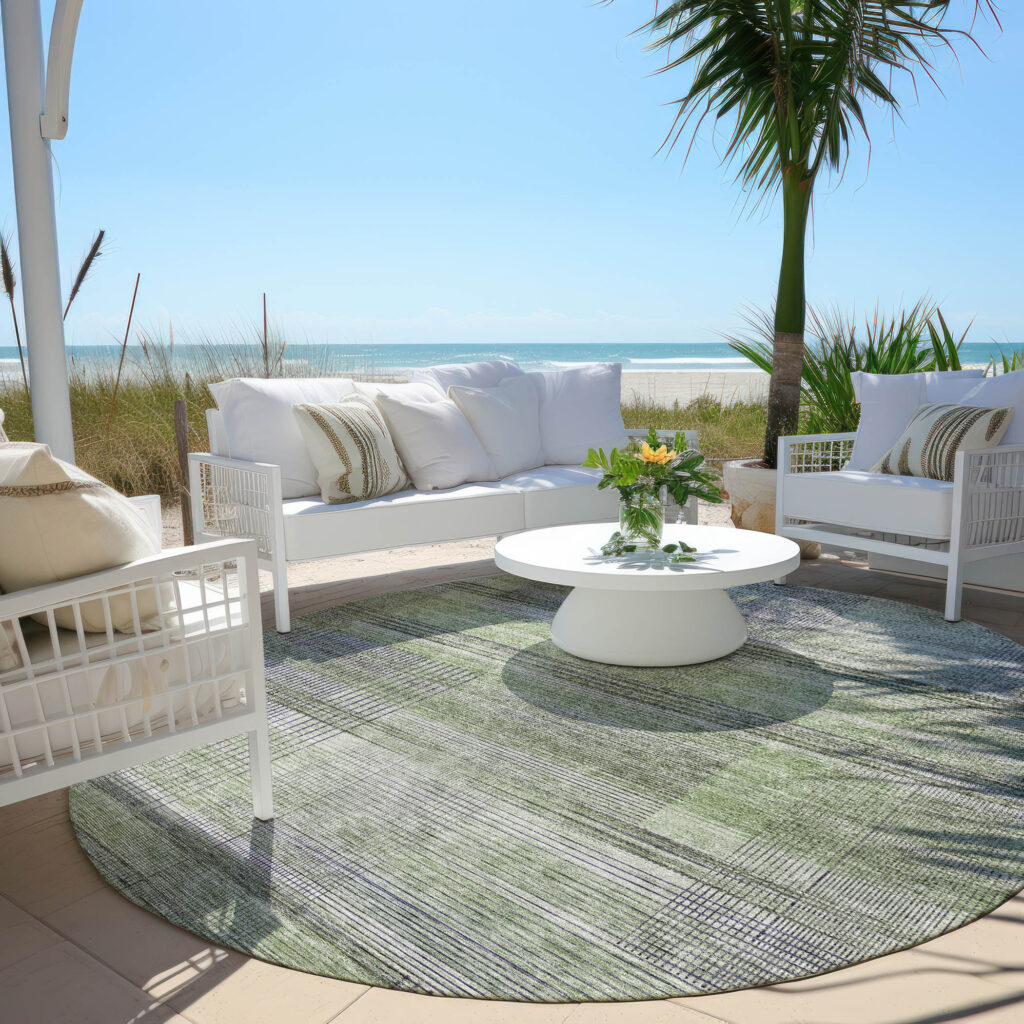 8' Artichoke Green Purple And Fern Green Round Striped Washable Indoor Outdoor Area Rug