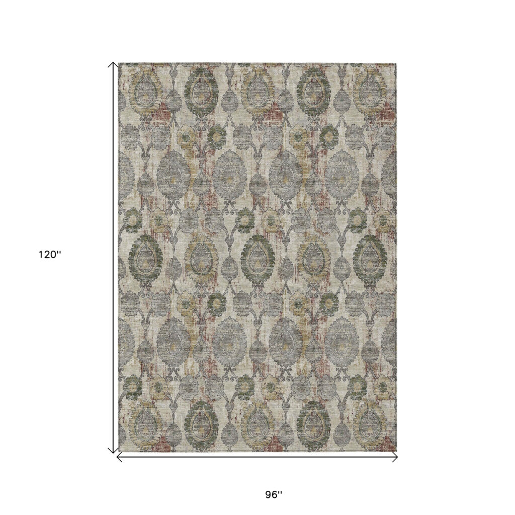 8' X 10' Beige Taupe And Green Damask Washable Indoor Outdoor Area Rug