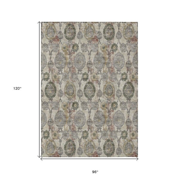 8' X 10' Beige Taupe And Green Damask Washable Indoor Outdoor Area Rug