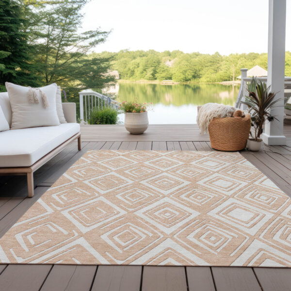 3' X 5' Peach And Ivory Geometric Washable Indoor Outdoor Area Rug