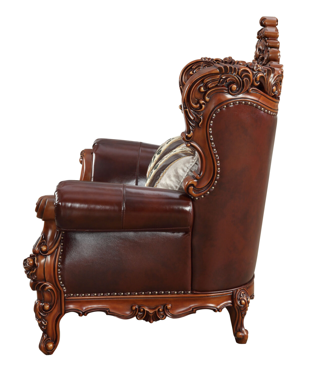 69" Brown And Walnut Top Grain Leather Curved Loveseat and Toss Pillows