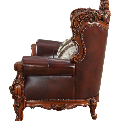 69" Brown And Walnut Top Grain Leather Curved Loveseat and Toss Pillows