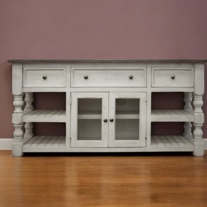 70" Ivory Solid Wood Open shelving Distressed TV Stand
