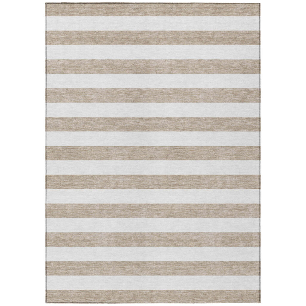 3' X 5' Taupe and White Striped Washable Indoor Outdoor Area Rug