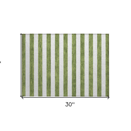 2' X 3' Olive Green Striped Washable Non Skid Indoor Outdoor Area Rug