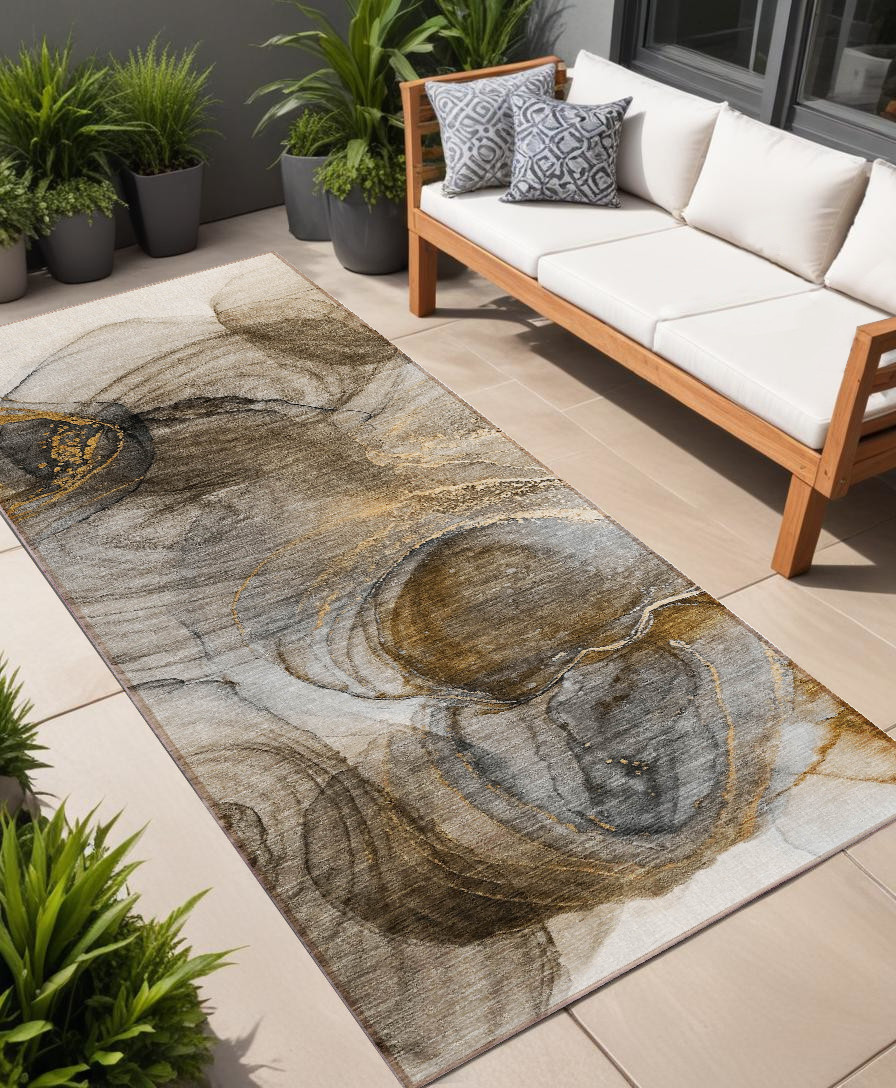 8' Runner Brown Abstract Washable Non Skid Indoor Outdoor Runner Rug