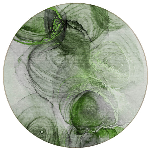 8' Round Olive Green Round Abstract Washable Non Skid Indoor Outdoor Area Rug