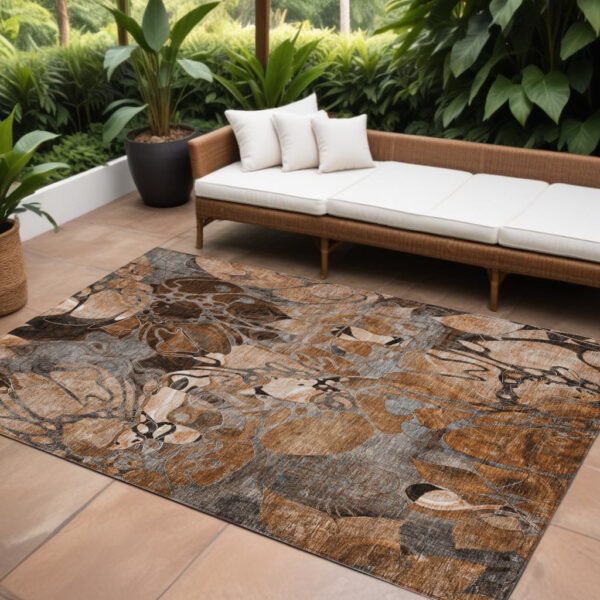 10' X 14' Chocolate Terracotta and Ivory Abstract Washable Indoor Outdoor Area Rug