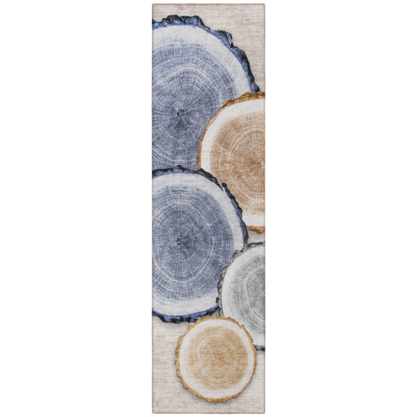 8' Runner Beige Blue and Gold Faux Bois Washable Non Skid Indoor Outdoor Runner Rug