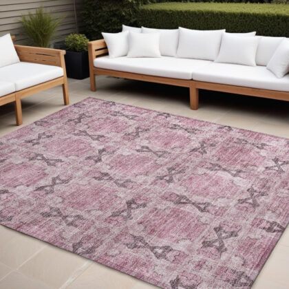 8' X 10' Pink Floral Medallion Washable Non Skid Indoor Outdoor Area Rug