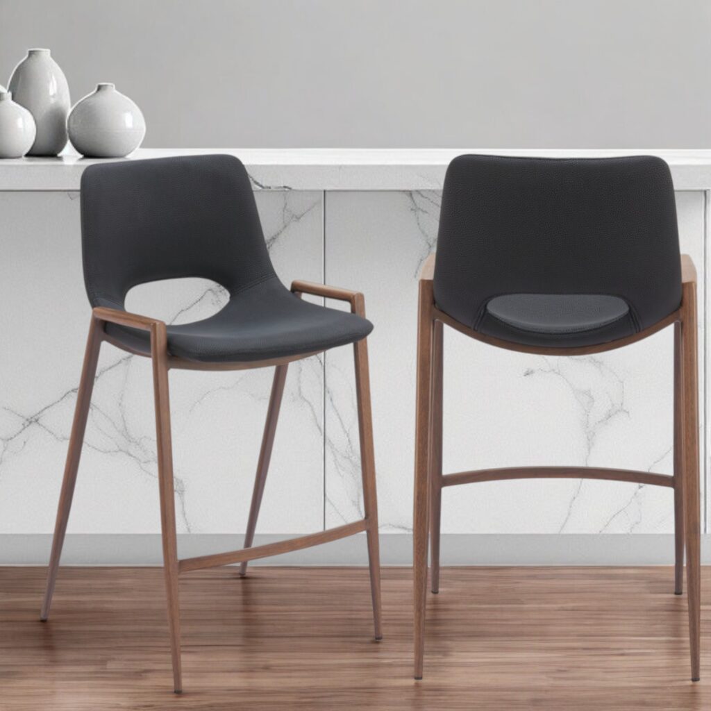 Set of Two 26" Black And Brown Steel Low Back Counter Height Bar Chairs